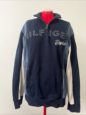 Vintage Tommy Hilfiger Denim 80% Cotton Navy Pullover Half-Zip Sweater